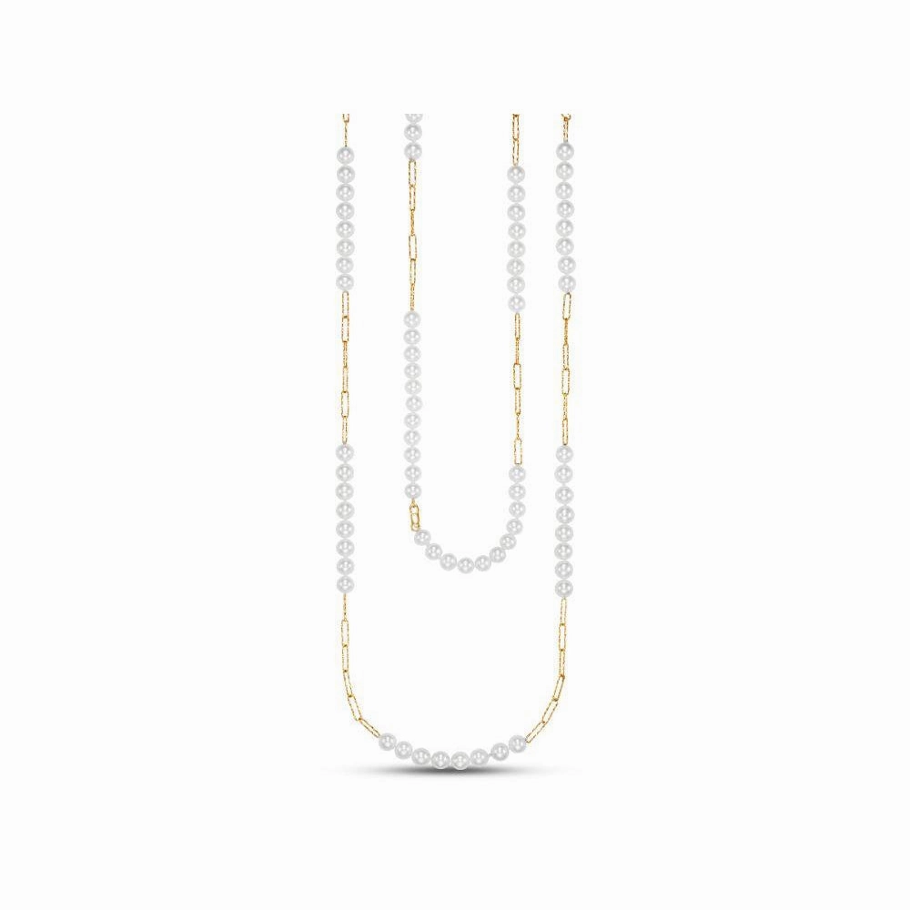 14k Gold Pearl Necklace with Textured Links