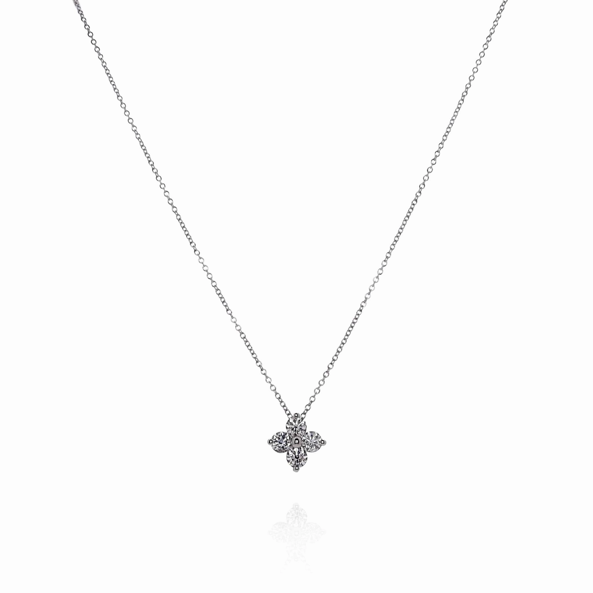 14k White Gold 4 Diamond Cluster Pendant On Adjustable 16 - 18" Chain