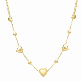 14k Yellow Gold Adjustable 16-17" Puffed Heart Station Necklace