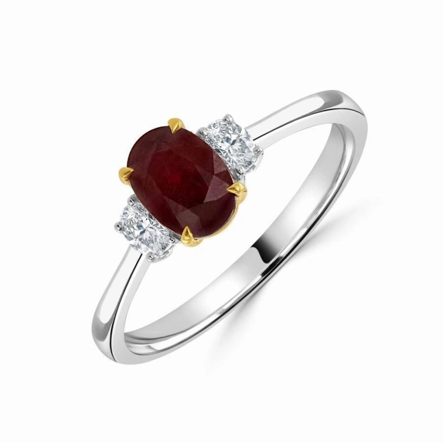 18ct Gold yellow and white gold oval ruby and oval diamond claw set 3 stone ring
