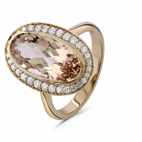 18ct Rose Gold Oval Cut Morganite & Diamond Halo Cluster Ring