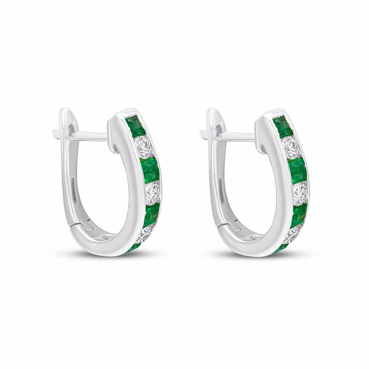 18ct white gold 4 square Emerald and 3 brilliant cut diamond channel set hoop earrings