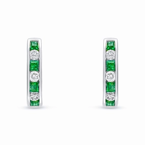 18ct white gold 4 square Emerald and 3 brilliant cut diamond channel set hoop earrings