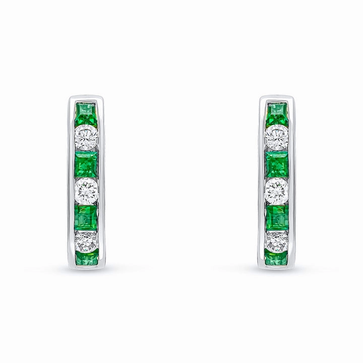 18ct white gold 4 square Emerald and 3 brilliant cut diamond channel set hoop earrings