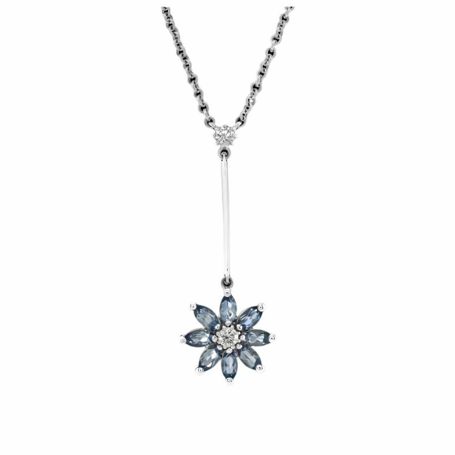 18ct White Gold Aquamarine & Diamond Flower Pendant & Chain