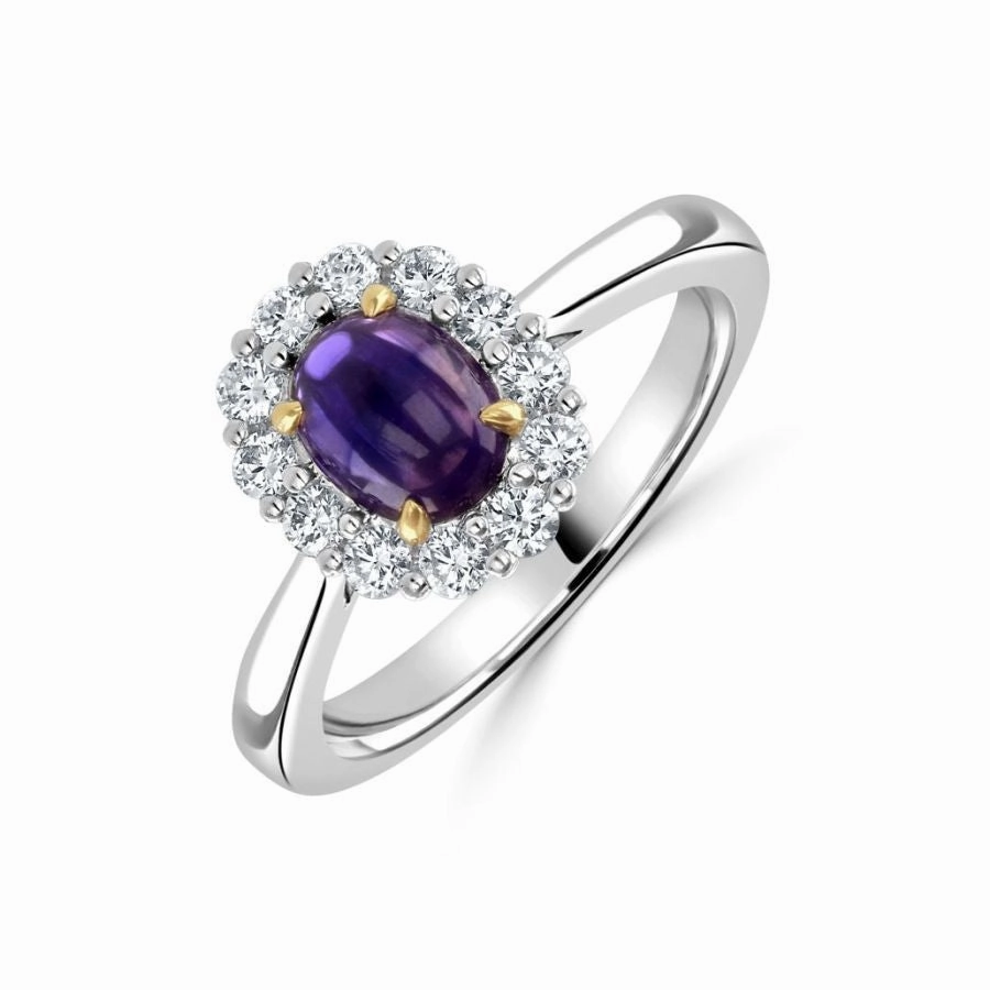18ct White Gold Cabochan Purple Sapphire & Diamond Halo Cluster Ring
