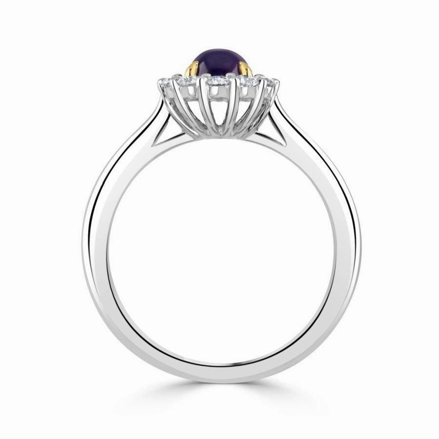 18ct White Gold Cabochan Purple Sapphire & Diamond Halo Cluster Ring