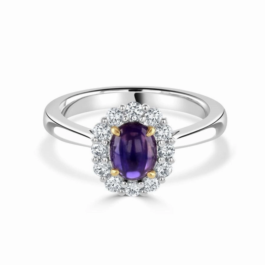 18ct White Gold Cabochan Purple Sapphire & Diamond Halo Cluster Ring