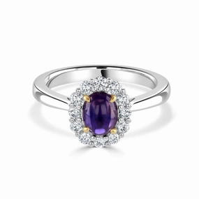 18ct White Gold Cabochan Purple Sapphire & Diamond Halo Cluster Ring