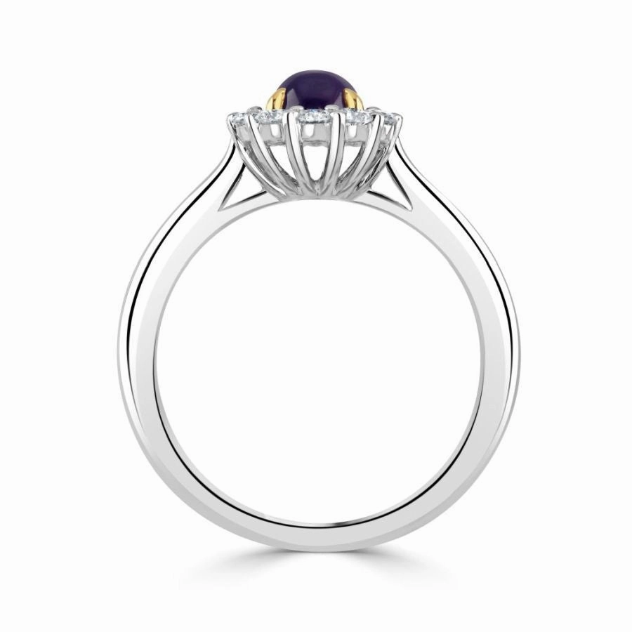 18ct White Gold Cabochan Purple Sapphire & Diamond Halo Cluster Ring