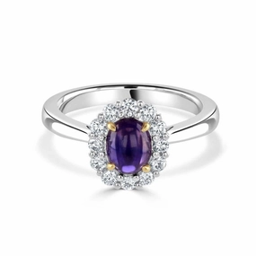 18ct White Gold Cabochan Purple Sapphire & Diamond Halo Cluster Ring