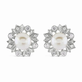 18ct White Gold Cultured Pearl & Diamond Round Stud Earrings