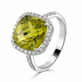 18ct White Gold Cushion Cut Peridot & Diamond Halo Cluster Ring with Diamond Shoulders