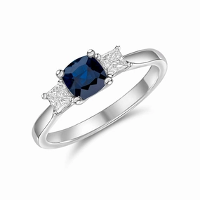 18ct White Gold Cushion Sapphire & Square Diamond Three Stone Ring