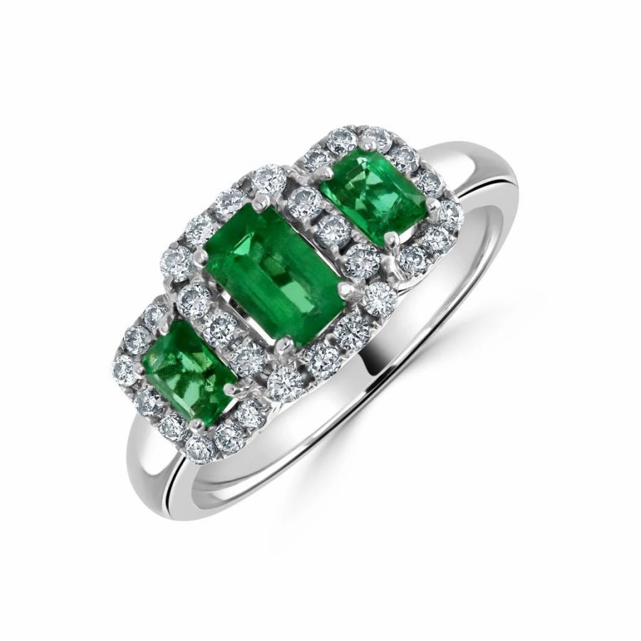 18ct white gold Emerald & Diamond triple cluster ring
