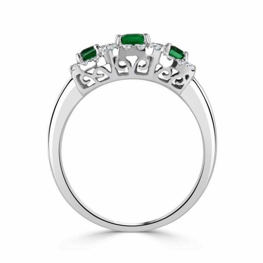 18ct white gold Emerald & Diamond triple cluster ring