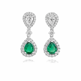 18ct white gold Emerald and Diamond and all Diamond pear shaped double cluster drop earrings