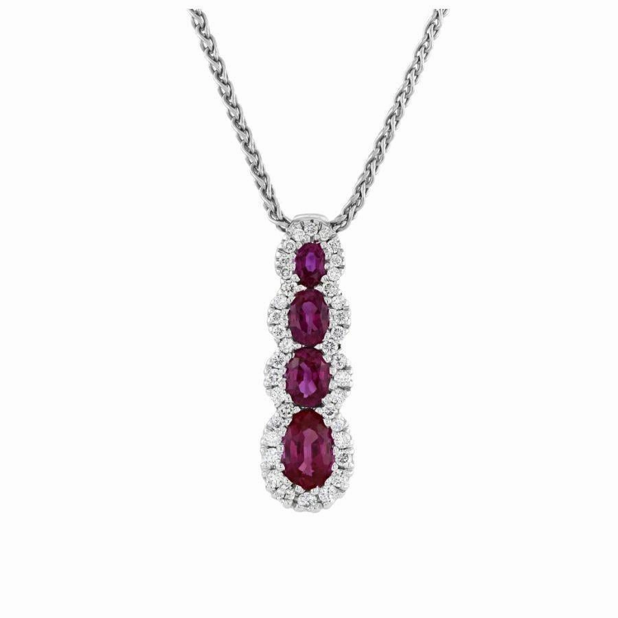 18ct White Gold Graduated Oval Cut Ruby & Diamond Halo Cluster Pendant & Chain