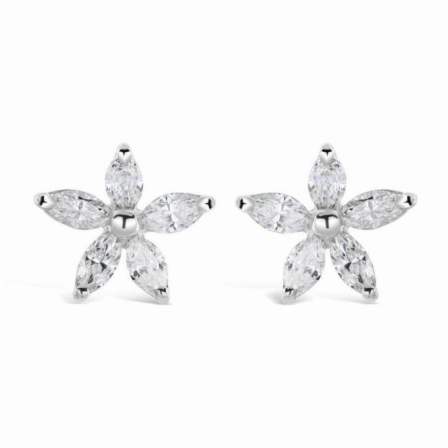 18ct White Gold Marquise Cut Diamond Flower Stud Earrings