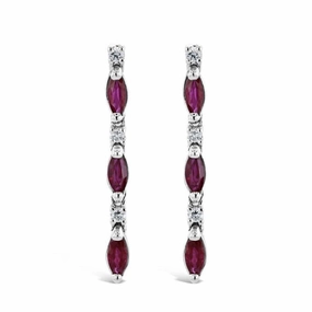 18ct White Gold Marquise Cut Ruby & Diamond Line Drop Earrings