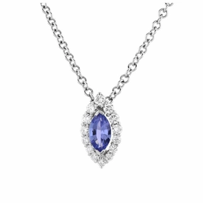 18ct White Gold Marquise Cut Tanzanite & Diamond Halo Cluster Pendant & Chain