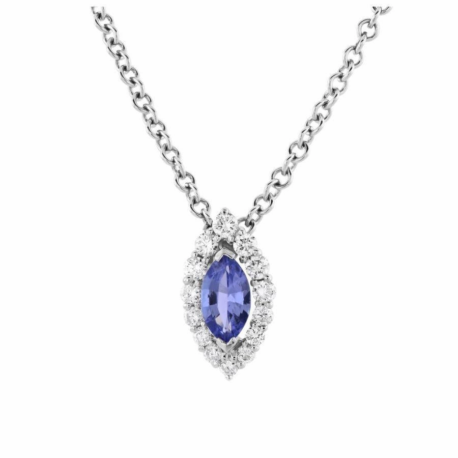 18ct White Gold Marquise Cut Tanzanite & Diamond Halo Cluster Pendant & Chain