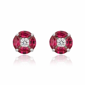 18ct White Gold Marquise Ruby & Diamond Round Cluster Earrings