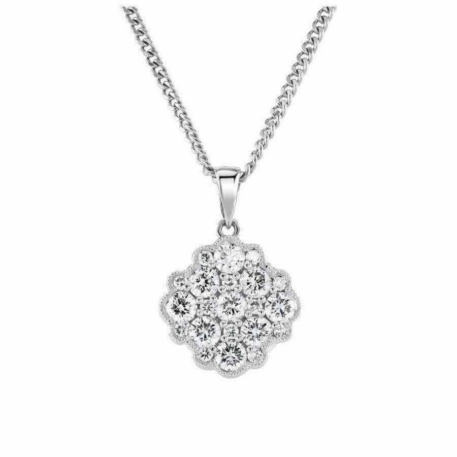 18ct White Gold Millegrain Set 9-Round Brilliant Cut Diamond Cluster Pendant & Chain