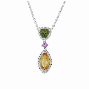 18ct White Gold Multi-Coloured Fancy Sapphire & Diamond Pendant & Chain