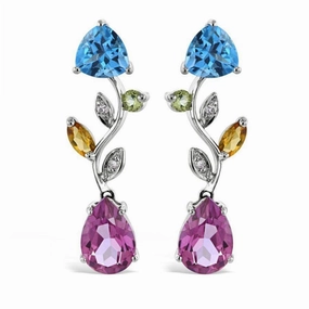 18ct White Gold Multi-Gemstone & Diamond Set Drop Earrings