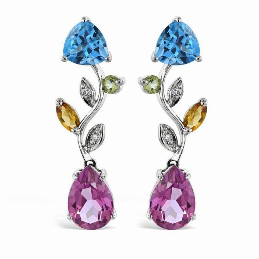 18ct White Gold Multi-Gemstone & Diamond Set Drop Earrings