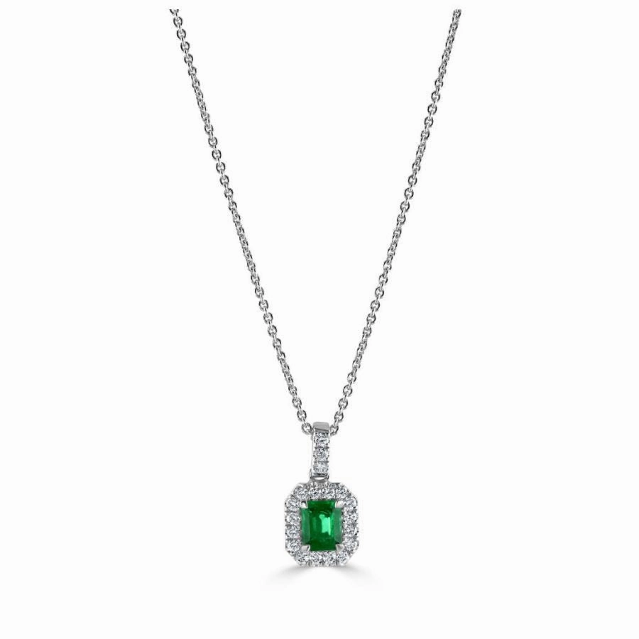 18ct White Gold Octagonal Cut Emerald & Diamond Halo Cluster Pendant