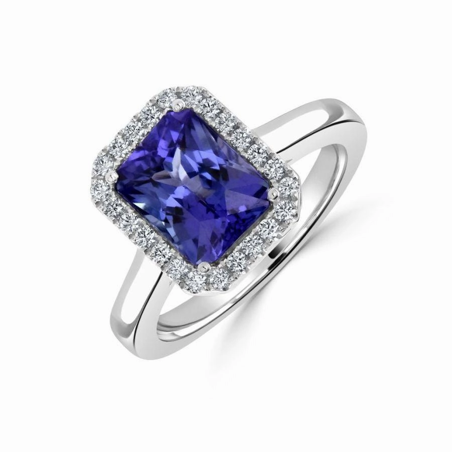 18ct White Gold Octagonal Cut Tanzanite & Diamond Halo Cluster Ring