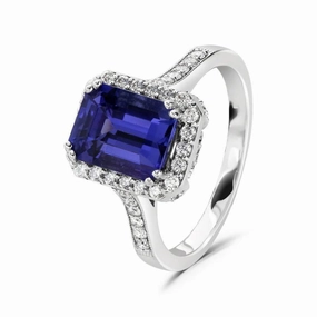 18ct White Gold Octangonal Cut Tanzanite & Diamond Halo Cluster Ring with Diamond Shoulders