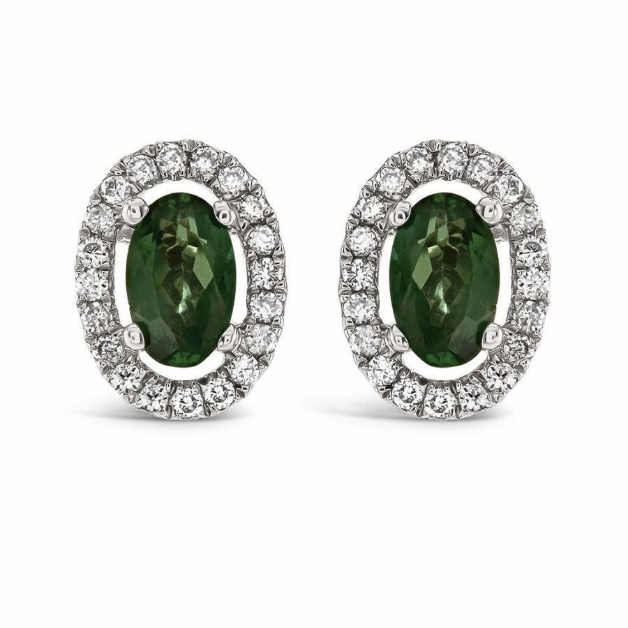 18ct White Gold Oval Cut Alexandrite & Diamond Halo Cluster Stud Earrings