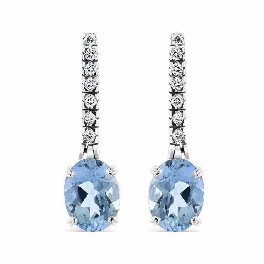 18ct White Gold Oval Cut Aquamarine & Diamond Drop Earrings