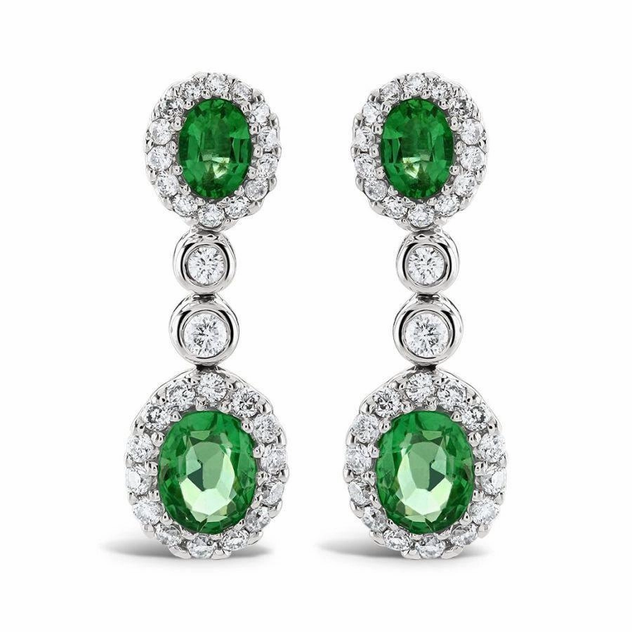 18ct White Gold Oval Cut Emerald & Diamond Cluster Drop Earrings