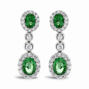 18ct White Gold Oval Cut Emerald & Diamond Cluster Drop Earrings