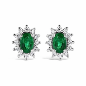 18ct White Gold Oval Cut Emerald & Diamond Cluster Stud Earrings