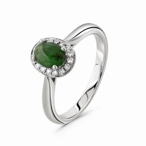 18ct White Gold Oval Cut Jadeite & Round Brilliant Cut Diamond Halo Cluster Ring