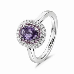 18ct White Gold Oval Cut Purple Sapphire & Diamond Double Halo Cluster Ring