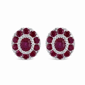 18ct White Gold Oval Cut Ruby & Diamond Cluster Stud Earrings