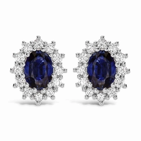18ct White Gold Oval Cut Sapphire & Diamond Cluster Stud Earrings