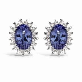 18ct White Gold Oval Cut Tanzanite & Diamond Cluster Stud Earrings