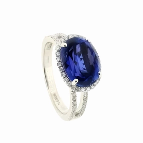 18ct White Gold Oval Cut Tanzanite & Diamond Halo Cluster Ring with Split Diamond Shoulders