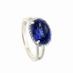 18ct White Gold Oval Cut Tanzanite & Diamond Halo Cluster Ring with Split Diamond Shoulders