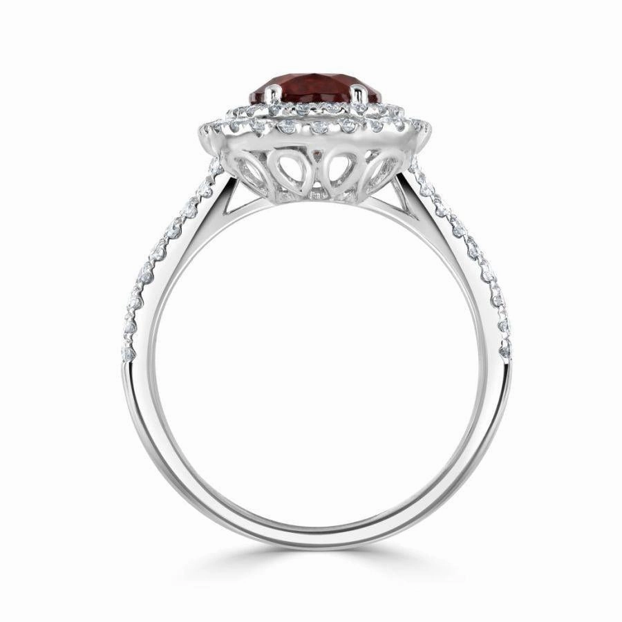 18ct White Gold Oval Red Spinel & Diamond Double Halo Cluster Ring with Split Diamond Shoulders