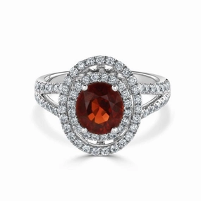 18ct White Gold Oval Red Spinel & Diamond Double Halo Cluster Ring with Split Diamond Shoulders