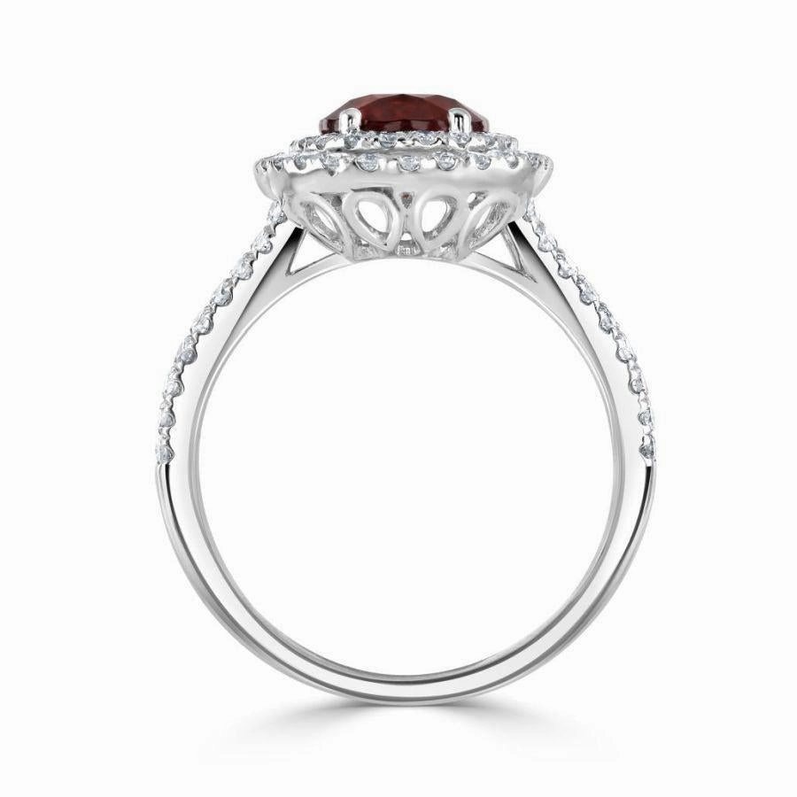 18ct White Gold Oval Red Spinel & Diamond Double Halo Cluster Ring with Split Diamond Shoulders