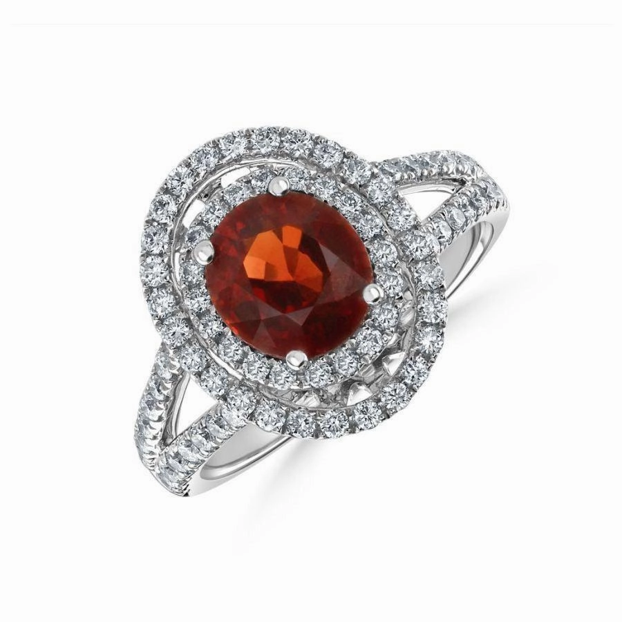18ct White Gold Oval Red Spinel & Diamond Double Halo Cluster Ring with Split Diamond Shoulders